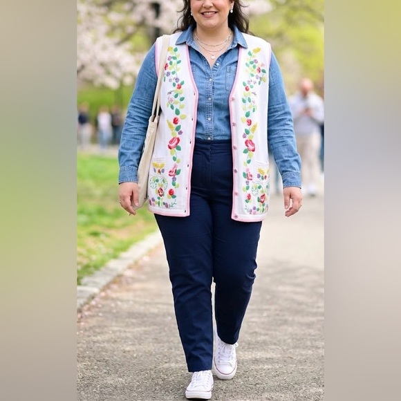 Storybook Knits 3X Floral Embroidered Sweater Vest Cottagecore Pink Trim - Picture 13 of 13